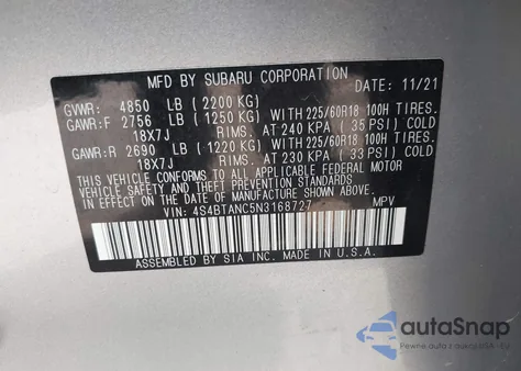 2022 Subaru Outback Limited z USA, uszkodzony, nr VIN 4S4BTANC5N3168727